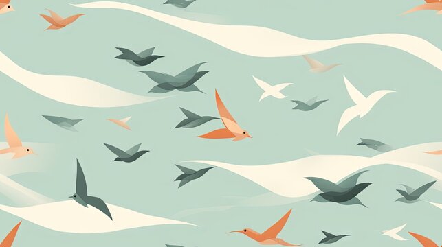  a flock of birds flying in the sky with a white ribbon in the foreground and a blue sky in the background.  generative ai