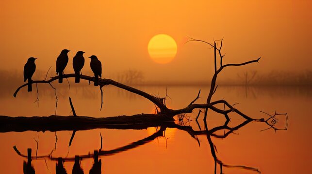  a couple of birds sitting on top of a tree branch in front of a body of water with the sun in the background.  generative ai