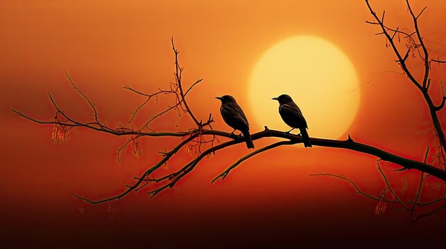  a couple of birds sitting on top of a dry tree branch in front of a bright orange and red sky.  generative ai