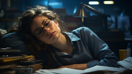 woman in glasses sleeping in dark office or library at night surrounded by piles of books. Woman working overtime. work-life balance.