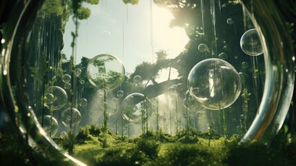  a group of bubbles floating in the air over a lush green forest filled with lots of trees and greenery.  generative ai