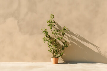Plant on minimalist plain background with sunlight shadows, interior design concept