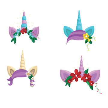 Set of beautiful unicorn headbands in cartoon style. Vector illustration of different colored tiaras of unicorns with horn and ears, flowers, green leaves, small berries and flowers and stars .