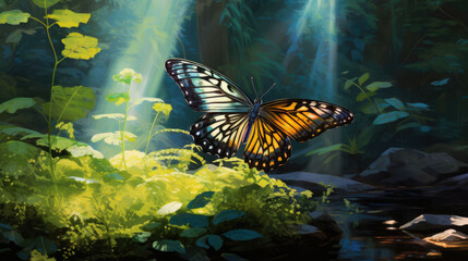  a painting of a butterfly in the middle of a forest with sunlight streaming through the leaves and a stream of water.  generative ai