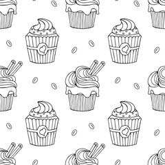 Seamless pattern, hand drawn outline cupcakes and coffee beans. Print, cafe menu background, vector