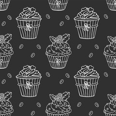 Seamless pattern, hand drawn outline cupcakes and coffee beans. Print, cafe menu background, vector