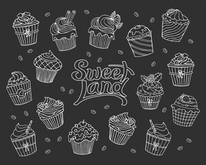 Set of hand drawn cupcakes and lettering sweet land . Linear food icons, design elements, coloring book. Vector
