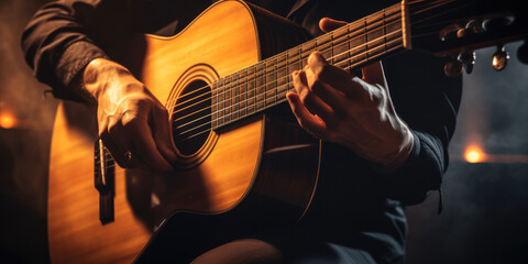 Obraz premium Close-up of acoustic guitar being played in concert setting