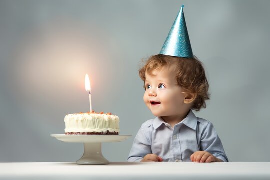 happy child blowing out candle on cake at first birthday party