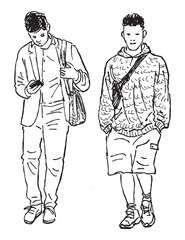 Outline drawing of two casual modern young city men walking along street