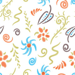 Seamless pattern of watercolor doodles drawings of different abstract decorative design elements