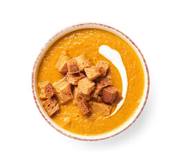 Bowl of tasty cream soup with croutons on white background