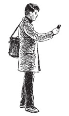Sketch of young city dweller standing on street and looking at smartphone