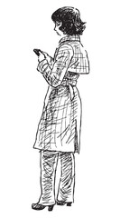 Sketch of young city woman standing on street and looking at smartphone
