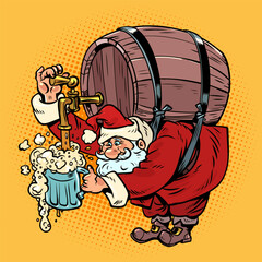 Seasonal alcoholic drinks for winter. Santa Claus pours himself a glass of beer or ale with foam from a barrel. Christmas celebration in a bar or pub.