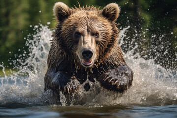 Fototapeta premium Brown bear charging through river.