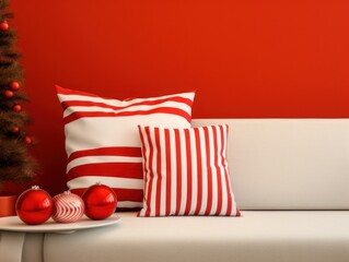 Festive scene interior featuring a Christmas-themed throw striped pillows on the White Leather Sofa and holiday decor background. Red color.