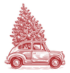Hand drawn retro car and fir tree with decorations in sketchy vintage style. Christmas, New Year vector illustration - obrazy, fototapety, plakaty