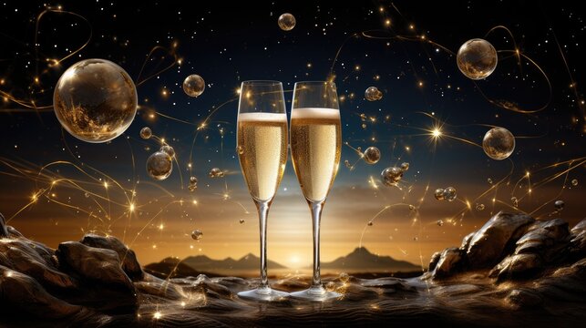  two glasses of champagne sitting on top of a rocky mountain under a night sky filled with stars and small bubbles.  generative ai