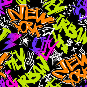Abstract seamless chaotic pattern with graffiti words NEW YORK. Grunge texture background. Wallpaper for boys. Fashion urban  style 