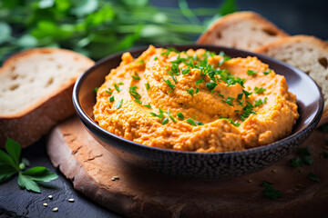 Healthy Carrot Hummus Dip Paired with Crisp Bread