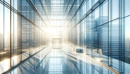 Empty modern bright glass hallway ay business office building. architectural banner, background