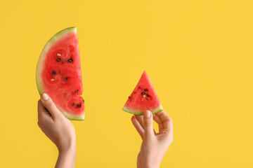 Female hands with slices of ripe watermelon on yellow background