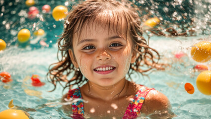 portrait of a little girl swimming in the pool
