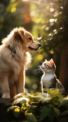 Cat and Dog Frolicking in the Backyard