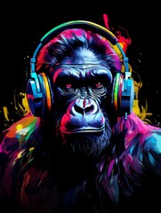 Fototapeta na wymiar Gorilla with Headphones in Watercolor Style