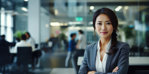 Glamorous oriental female boss with shoulder length hair and glasses, smiling in office environment