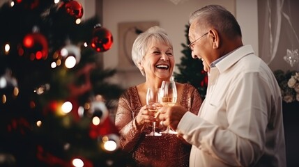 Couple of older people enjoying holiday wine with champagne at Christmas. Happy senior couple celebrating Christmas Eve - obrazy, fototapety, plakaty
