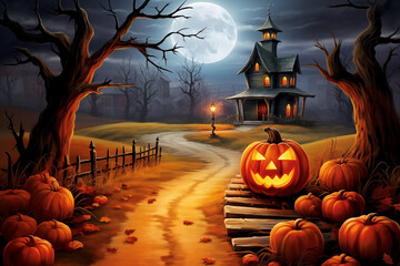 Cartoon Style Carved Pumpkin with Creepy House in the Background