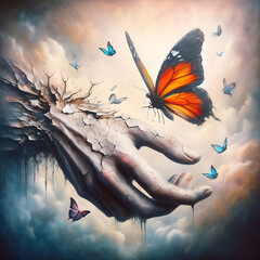 Cracked Hand Reaching for Butterfly in Cloudy Sky - obrazy, fototapety, plakaty