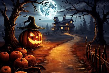 Cartoon Style Carved Pumpkin with Creepy House in the Background