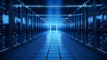 Shot of Data Center With Multiple Rows of Fully Operational Server Racks. Modern Telecommunications, Cloud Computing, Artificial Intelligence, Database, Super Computer Technology Concept. 