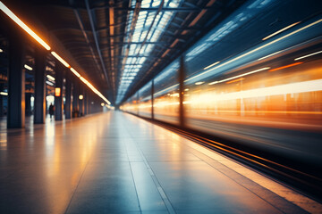 Fototapeta na wymiar Blurred background of platform in modern railway station. AI generated content.