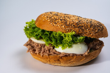 close-up on light surface, various hamburgers, meat, fish and tuna hamburgers for restaurant menu on white background. Isolated, close-up view