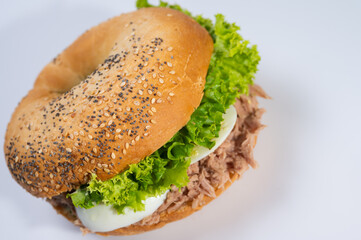 close-up on light surface, various hamburgers, meat, fish and tuna hamburgers for restaurant menu on white background. Isolated, close-up view