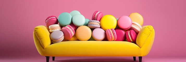 Artificial food decor, unusual macaroons sofa, bright and unusual. Pink and blue colors.
