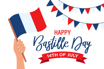 Fototapeta na wymiar Happy Bastille Day. France national holiday poster. Eiffel Tower and handwritten lettering. Illustration, vector