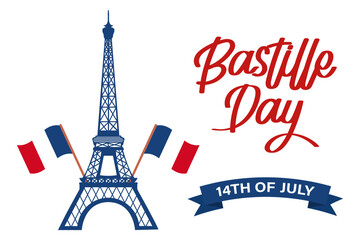 Happy Bastille Day. France national holiday poster. Eiffel Tower and handwritten lettering. Illustration, vector