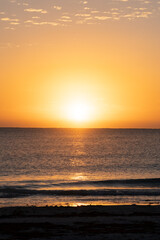 Sunset over Tulum beach with silhouette of leaning palm