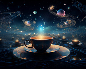 Planetarium with galaxies swirling in teacups. Surreal, dreamlike art style