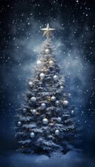 Weihnachtsbaum geschm&uuml;ckt im Au&szlig;enbereich mit viel Schnee in der Nacht