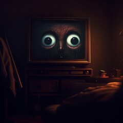 A spine-chilling thumbnail featuring a terrifying TV with glowing eyes lurking in the room's shadows.