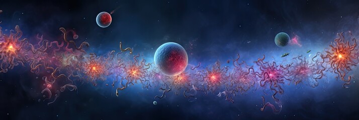 Beautiful minimalistic artistic landscape of an alien world, a virus is attacking space.