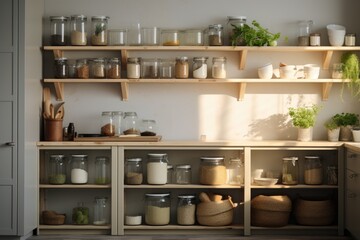 Fototapeta na wymiar bright kitchen with shelves and storage space. Storage of food in the kitchen in pantry