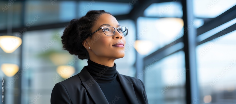 Wall mural Black female corporate manager looking away with optimism thinking in future investments