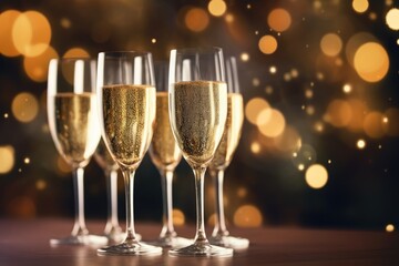 Glasses of champagne or sparkling wine at New Year party. Happy new year concept. Generative AI